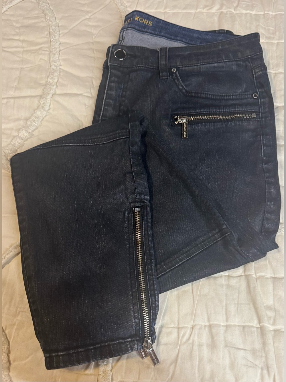 Michael Kors Black Denim Jeans with Gold Logo Trim